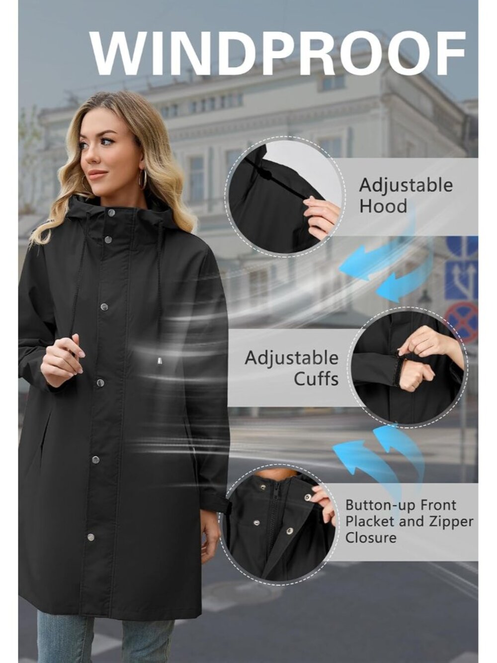 Women's Brown 100% Polyester Hooded Long Windbreaker Hiking Packable Rain Jacket - Picture 5 of 5